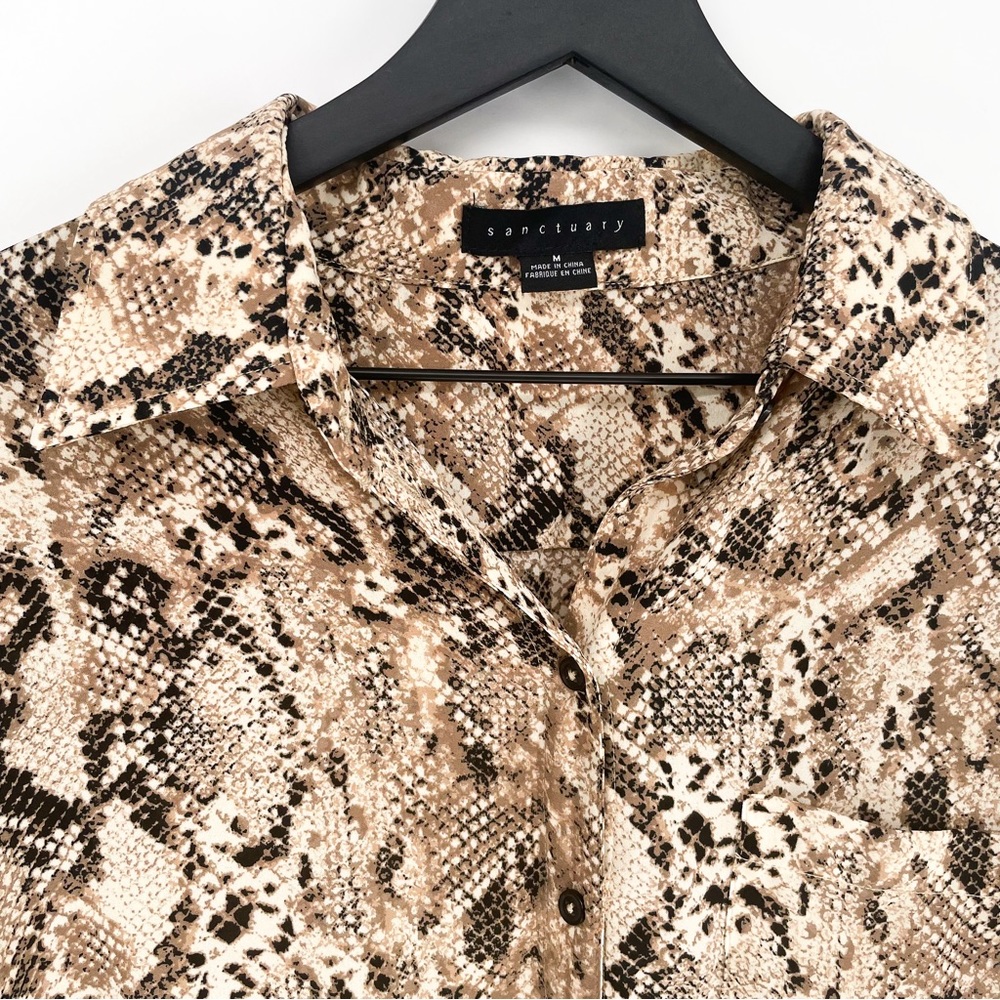 Sanctuary Snakeskin Boxy Front Tie Button Down Blouse Brown Medium - Picture 4 of 9
